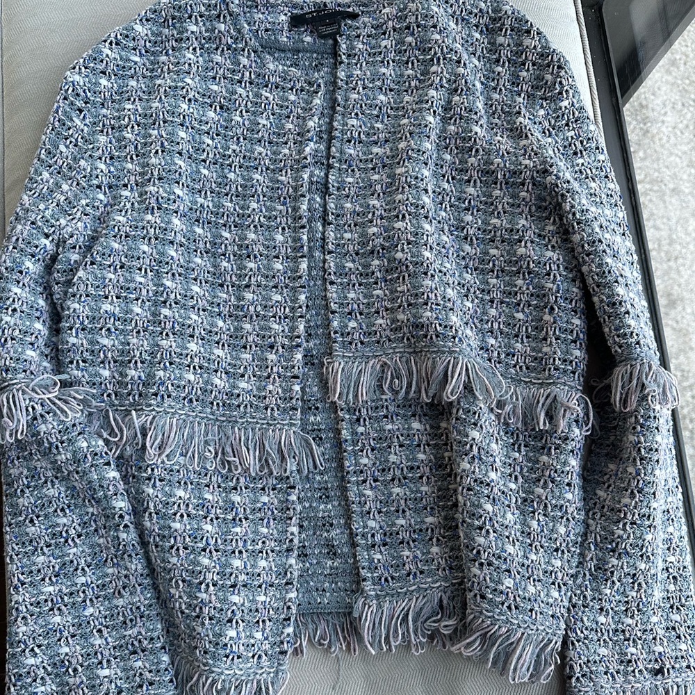 St. John Fringe Knit Blue Grey Purple Jacket - worn once - $1295 retail …